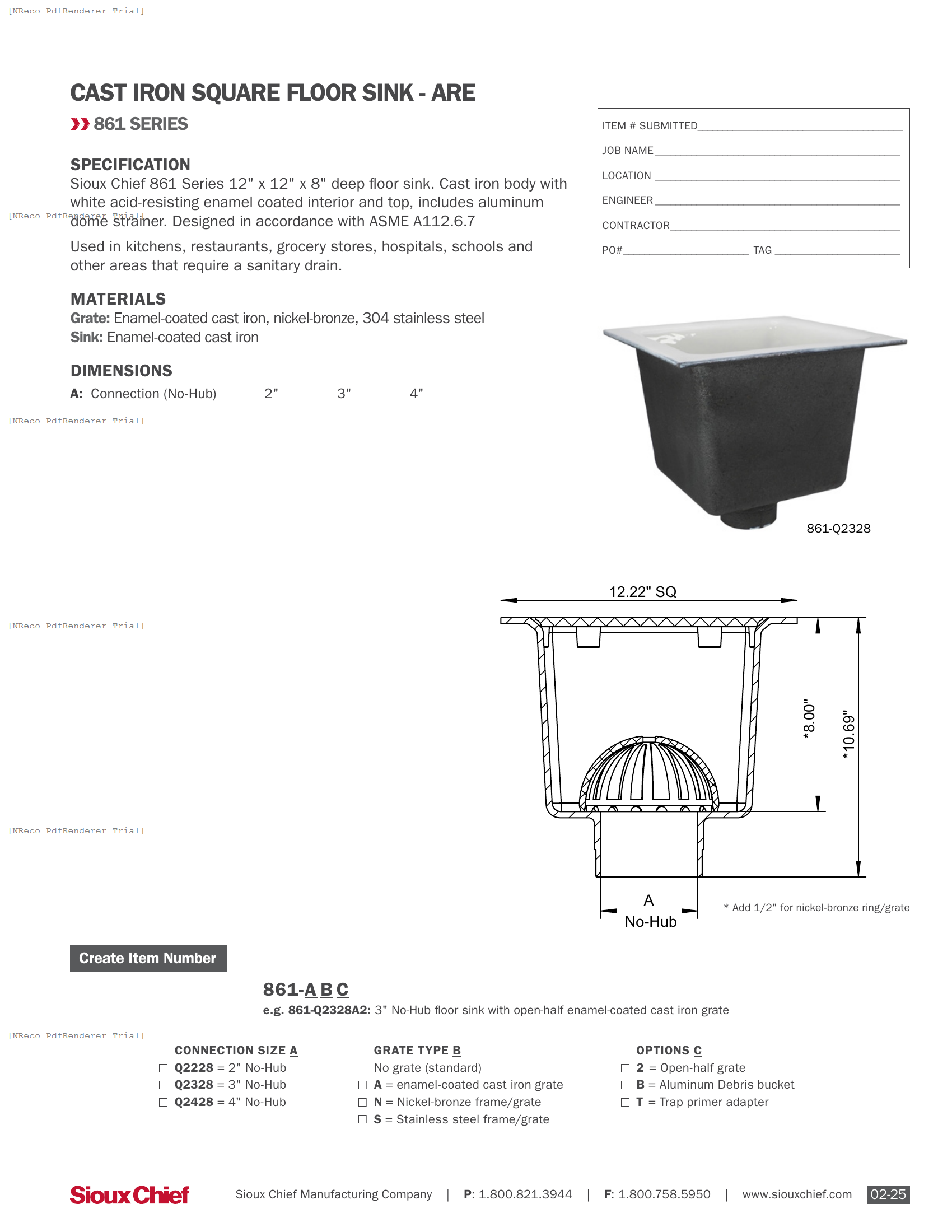 861-Q SERIES - 12X12X8 FLOOR SINK - SPEC SHEET.PDF Specification Document